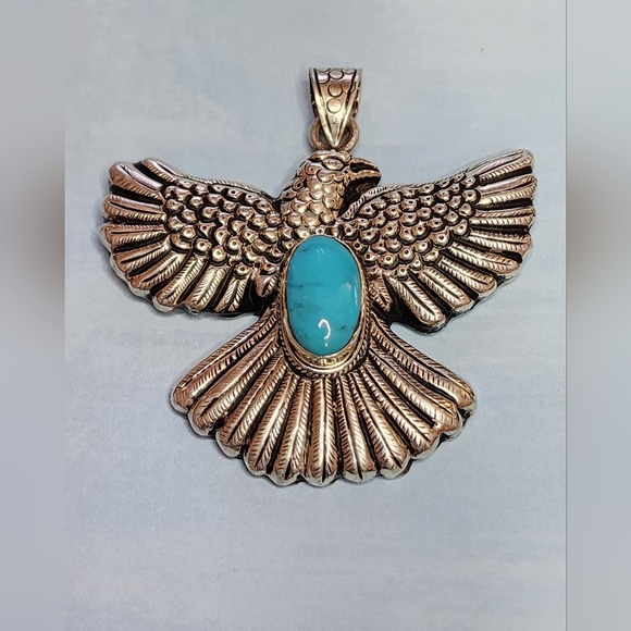 Morenci Turquoise and Sterling Eagle Pendant - Picture 1 of 3